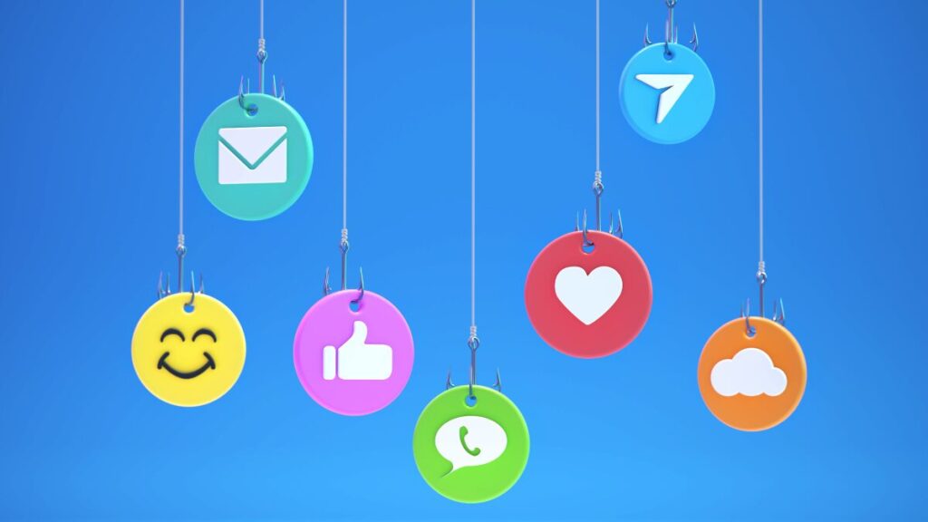 Various vibrant icons with fishing hooks representing social media interactions are suspended against a bright blue background