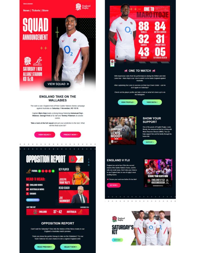 Actionable CTAs in email marketing campaigns by England Rugby Club