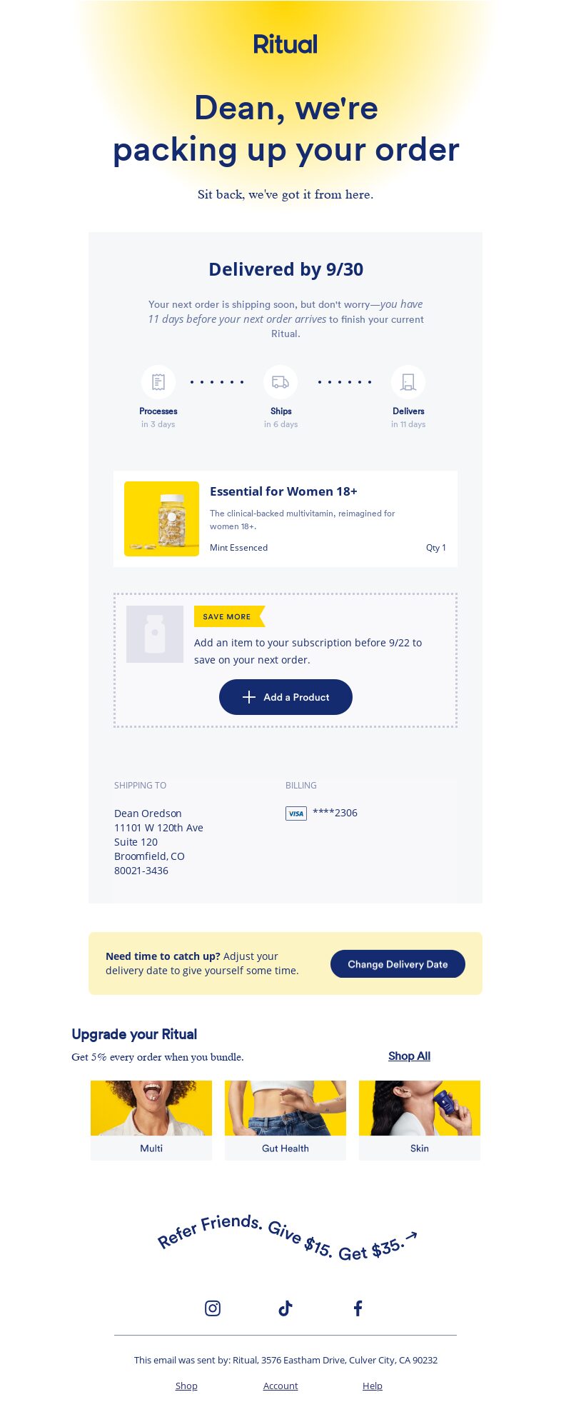 Ritual, order confirmation email. 