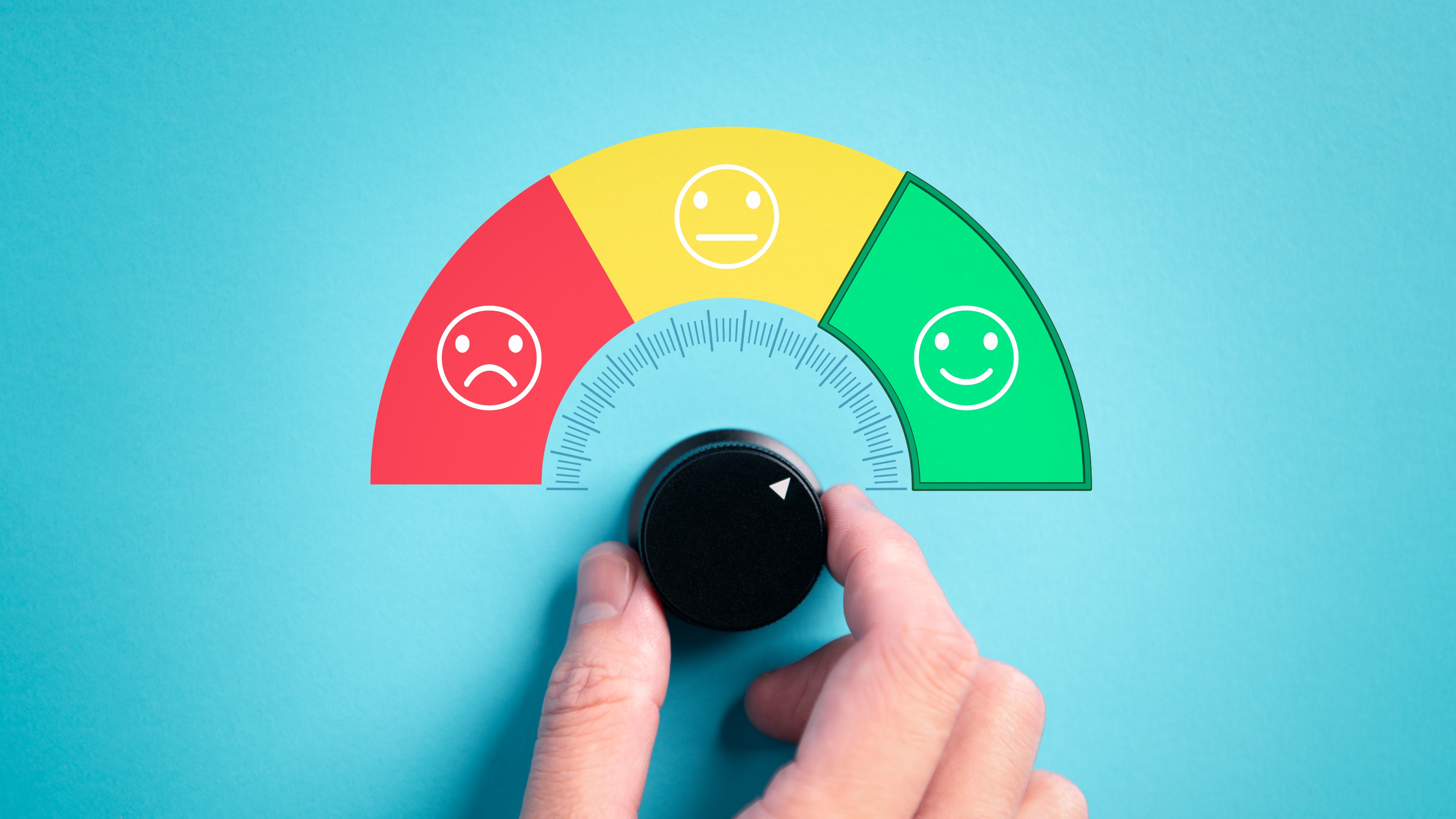 Customer hands adjusting and giving satisfaction indicators for rating sales and services on a blue background