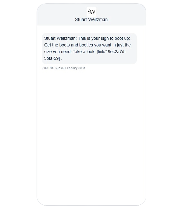 Stuart Weitzman, personalized product recommendation SMS message.